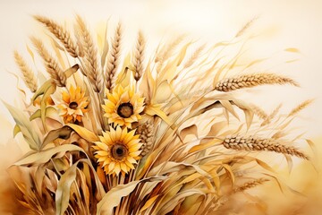 Rustic watercolor sunflowers and wheat,