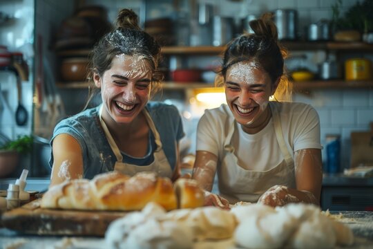 Joyful Lesbian Couple Baking Bread Together in Kitchen During a Fun Afternoon - Powered by Adobe