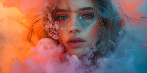 Young woman engulfed in vibrant smoke exuding an abstract fashion statement. Concept Smoke Art, Abstract Fashion, Creative Portraits, Vibrant Colors, Unique Styling