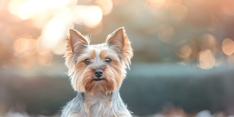 Charming Yorkshire Terrier on an evening walk in the warm sunlight. Concept Pets, Walks, Yorkshire Terrier, Evening, Sunlight