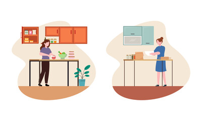 Collection of people cooking in kitchen, serving table, dining together, eating food