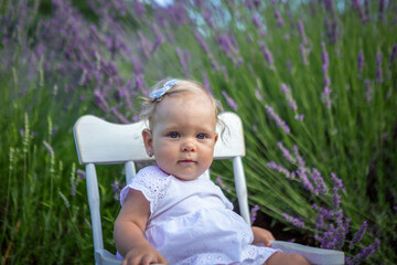 baby girl in a field of lavender on sunset.