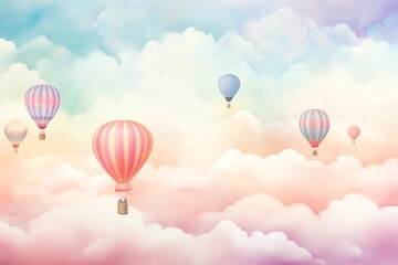 Fototapeta premium Watercolor hot air balloons against a pastel sky,