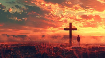 silhouette of man praying before cross with jesus silhouette in background christian faith concept illustration 15