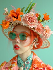 Portrait of a stylish woman in vibrant floral attire with a colorful hat adorned with various flowers and greenery