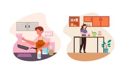 Collection of people cooking in kitchen, serving table, dining together, eating food