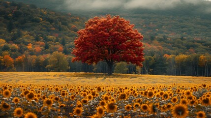 A solitary maple tree with vibrant autumn leaves, standing in a field of blooming sunflowers against a backdrop of evergreens. List of Art Media Photograph inspired by Spring magazine