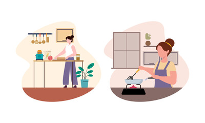 Collection of people cooking in kitchen, serving table, dining together, eating food