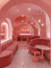 Fototapeta premium A modern restaurant with unique pink lighting and curved architecture provides a futuristic, luxurious atmosphere