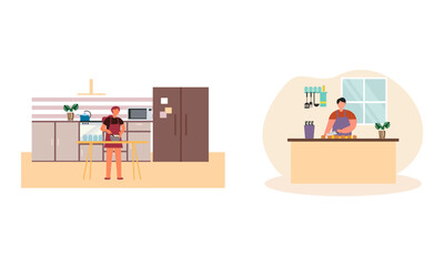 Collection of people cooking in kitchen, serving table, dining together, eating food