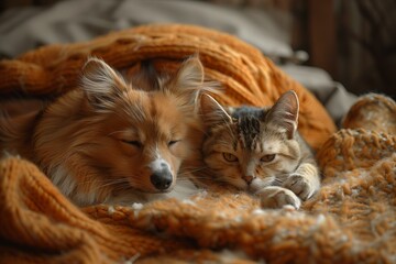 Illustration of cute cat and dog cuddling on the bed in one photo