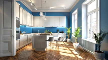 modern bright kitchen interior, dqrk blue and white walls, parquet floor --ar 16:9 Job ID: 1cd6baac-2511-4d1e-9a8c-ccac4c6e4ccd