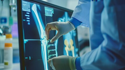 Orthopedic surgeon doctor examining patient's knee joint x-ray films, MRI bone, CT scan in at radiology orthopedic unit, hospital background