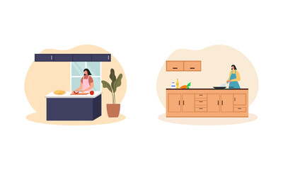 Collection of people cooking in kitchen, serving table, dining together, eating food