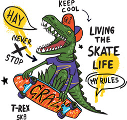  dinosaur on skateboard. Typography print for kids  . Original design with t-rex, dinosaur. print for T-shirts, textiles, wrapping paper, web. 