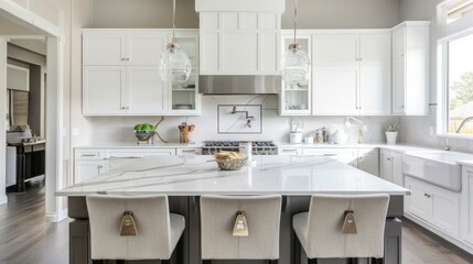 Fototapeta premium Modern kitchen interior with white cabinet marble island and two bar chairs. --ar 16:9 Job ID: 3f548cbd-7eb7-43fd-b8bb-bf7a341b7bbe