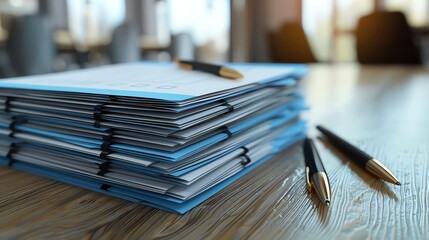 Documentation Review A 3D stack of documents with a checklist and pen