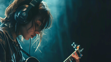 Female musician in a recording studio, wearing headphones and strumming a guitar, minilistic black background.