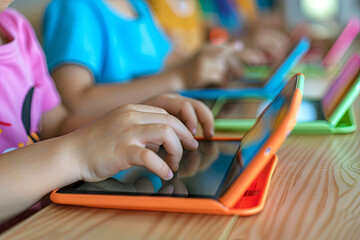 Children using tablets for interactive digital learning in modern classroom
