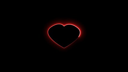 Heart shape Valentine's Day love card neon glowing red color illustration. Black background 4k illustration.