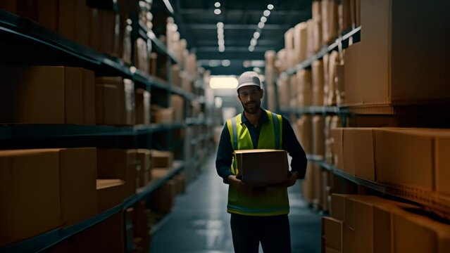 Man Holding Box in Warehouse Generative AI