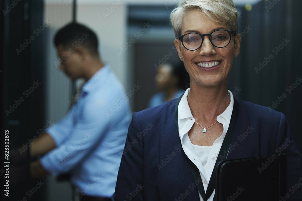 Aufkleber Data center, server room and portrait of woman with team for programming, coding and information technology. Cybersecurity, IT and technician manager for inspection, maintenance and software backup