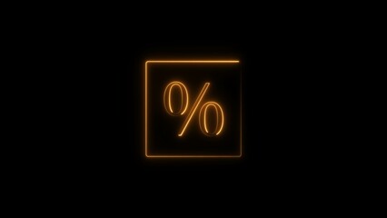  percent icon neon glowing orange color illustration. Black background orange rectangle 4k illustration.