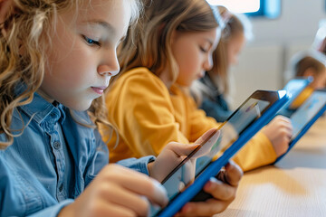Children using tablets for interactive digital learning in modern classroom