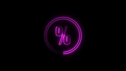  percent icon neon glowing magenta color 4k illustration. Black background magenta circle 4k illustration. 