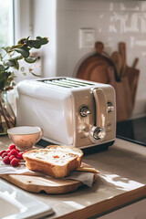 Bread toaster on kitchen counter, creating simple culinary delights