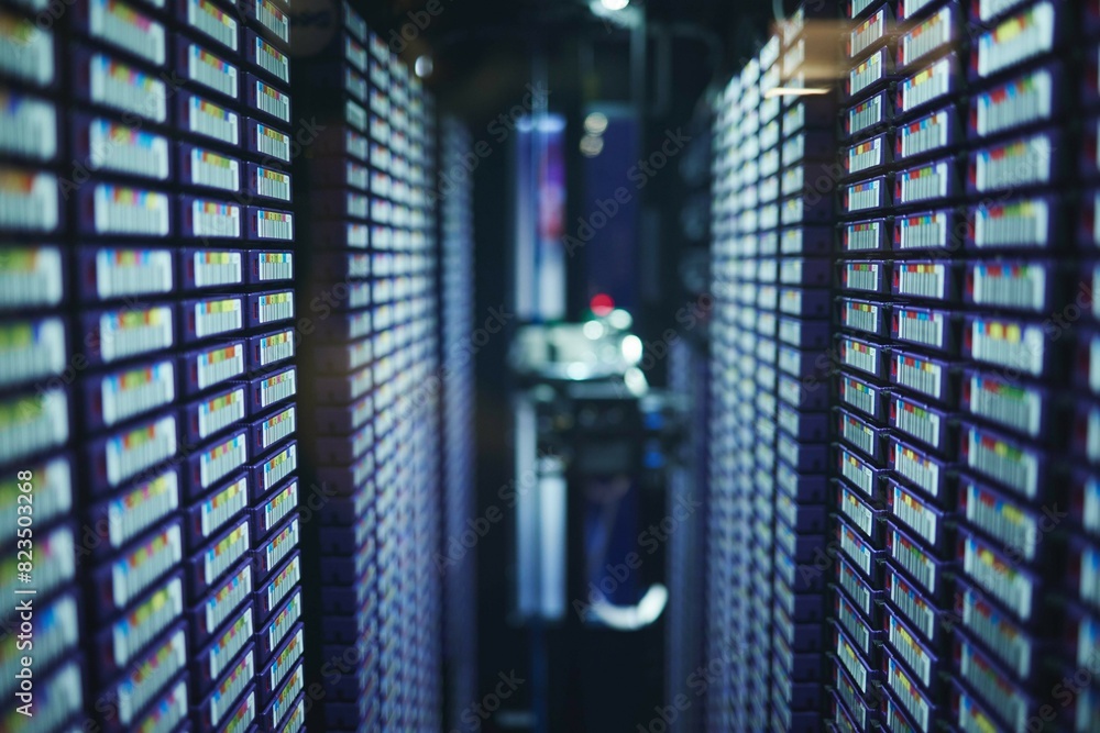 Poster Internet connection, data center and server room for network infrastructure and lights of computer engineering. Cloud computing, IT support or cybersecurity, neon and software for company information