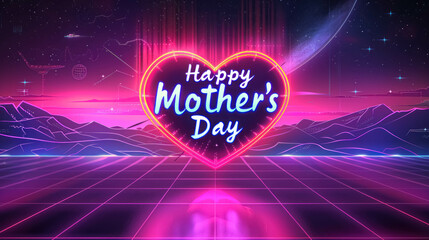 Nostalgics Retro Synthwave Mother's Day Background With Neon And Happy Mother's Day Text