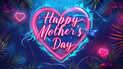Nostalgics Retro Synthwave Mother's Day Background With Neon And Happy Mother's Day Text