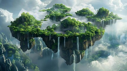 surreal floating islands with waterfalls and lush green vegetation fantasy landscape