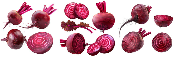 Beetroot, different angles and views, side top front cut, isolated on transparent background