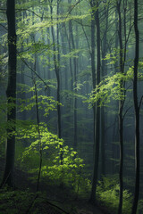 Green forest with beech trees, during spring time, with sun light and shadows, in a morning misty atmosphere.