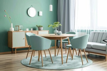 Modern mint dining room with round wooden table and stylish chairs