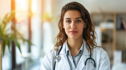 Obraz premium A young female doctor in a modern, clean clinic, wearing a white lab coat, with a stethoscope