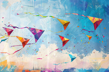 vibrant, colourful painting kites long, trailing strings flying bright blue sky filled fluffy white clouds background 