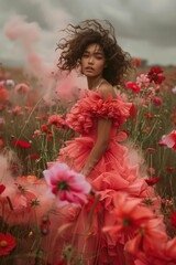 Naklejka premium A model poses dynamically among red flowers, with flowing hair and a floral dress matching the scene