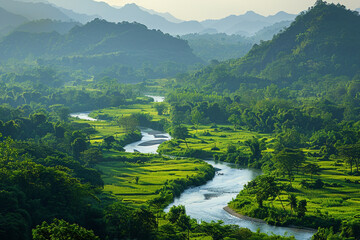 Lush valley with a winding river surrounded by greenery, close up, serene natural landscape, vibrant, silhouette, mountain backdrop