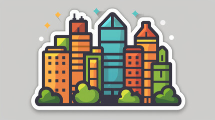 Naklejka premium Cartoon sticker style illustration of colorful city buildings with decorative elements and greenery.