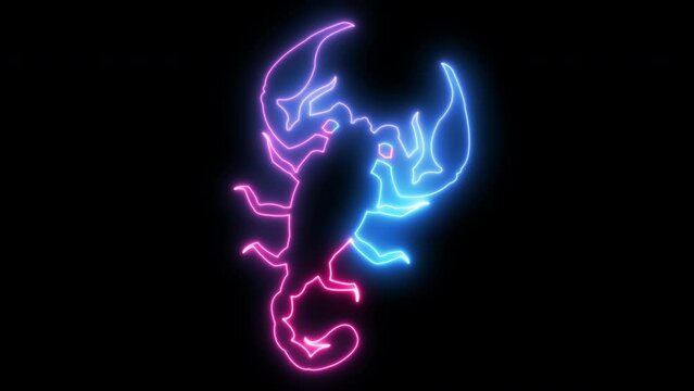 Neon Animation of scorpio sign on black background. Zodiac signs, stars and horoscop concept digitally generated video. 4k.