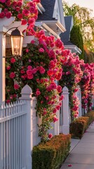 bushes of tender, blooming roses lining a white picket fence.
