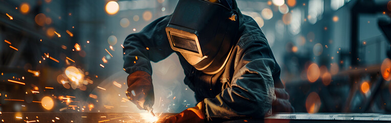 Close-Up of a Welder in Full Protective Gear Creating Sparks While Welding in a Smoky Atmosphere, labor day concept