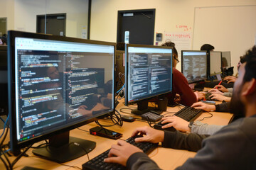 A coding bootcamp session, participants coding on multiple monitors, focus on screens displaying code.