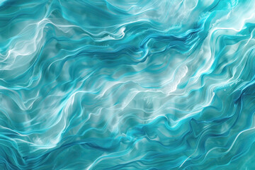 Obraz premium A fluid abstract pattern with shades of turquoise and silver flowing across the canvas, designed to mimic ocean waves, with a calm area in the middle for text.