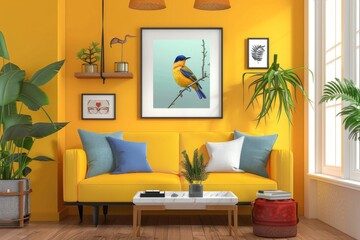 Bright living room interior with yellow walls, sofa, and bird picture.