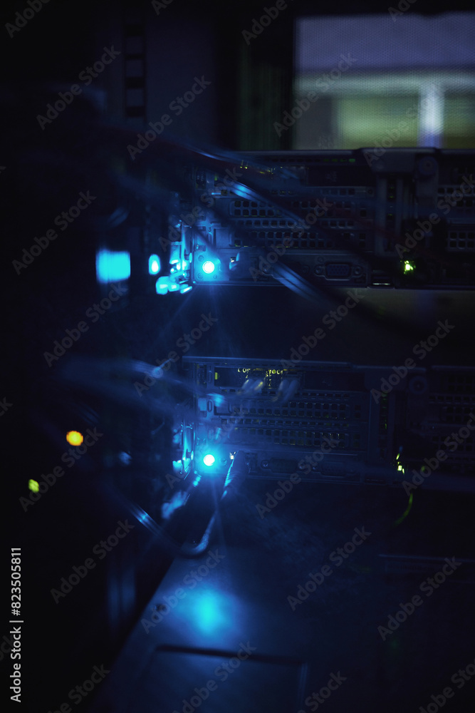 Poster Dark data center, cable and cloud computing hardware for information technology, cybersecurity or machine light. Empty server room, closeup and digital computer for database storage, code or internet