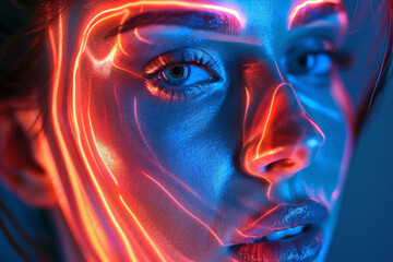 Close Up Portrait with Neon Lights Reflecting on Face, Vibrant Colors and Futuristic Aesthetics